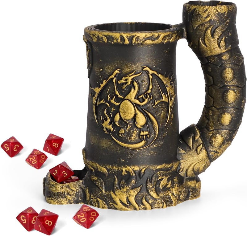 Luazuri Store Mug Dice Tower - Dice Rolling Tower,(7PCS D20 Dice Set Included) for DND Gift and Dungeons and Dragon, Tabletop Games, Drink Holder, Tavern Style Board Game Roller (Gold) - Image 1